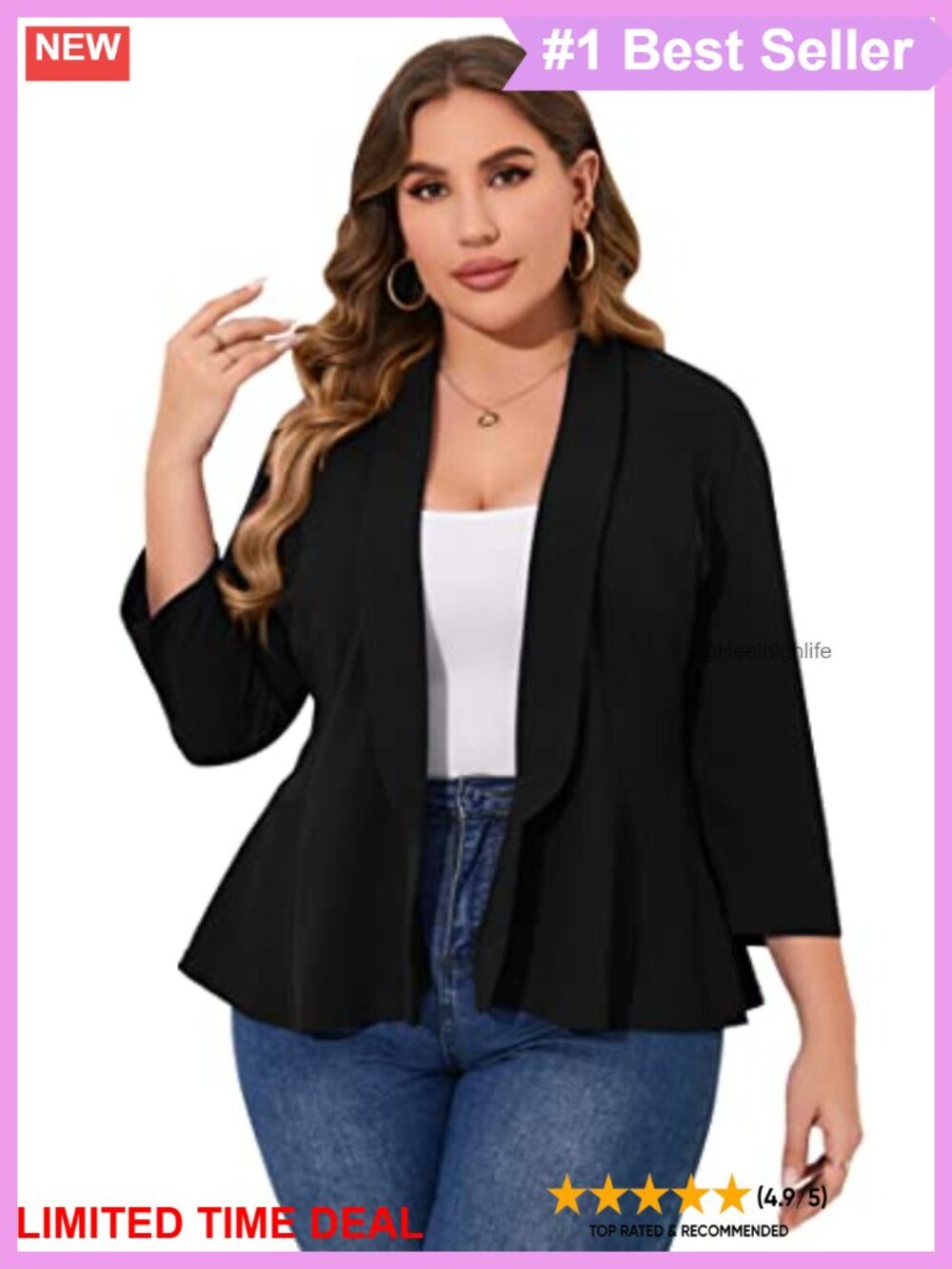 Plus Size Casual Open Front Long Sleeve Ruffle Hem Stretch Blazer